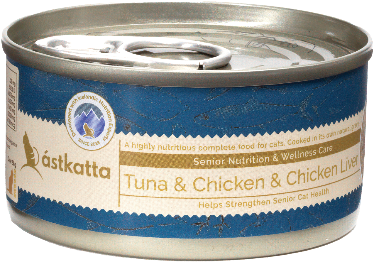 Astkatta 貓罐頭(肉絲) 吞拿魚&雞肉&雞肝 (老貓) 80g (深藍)