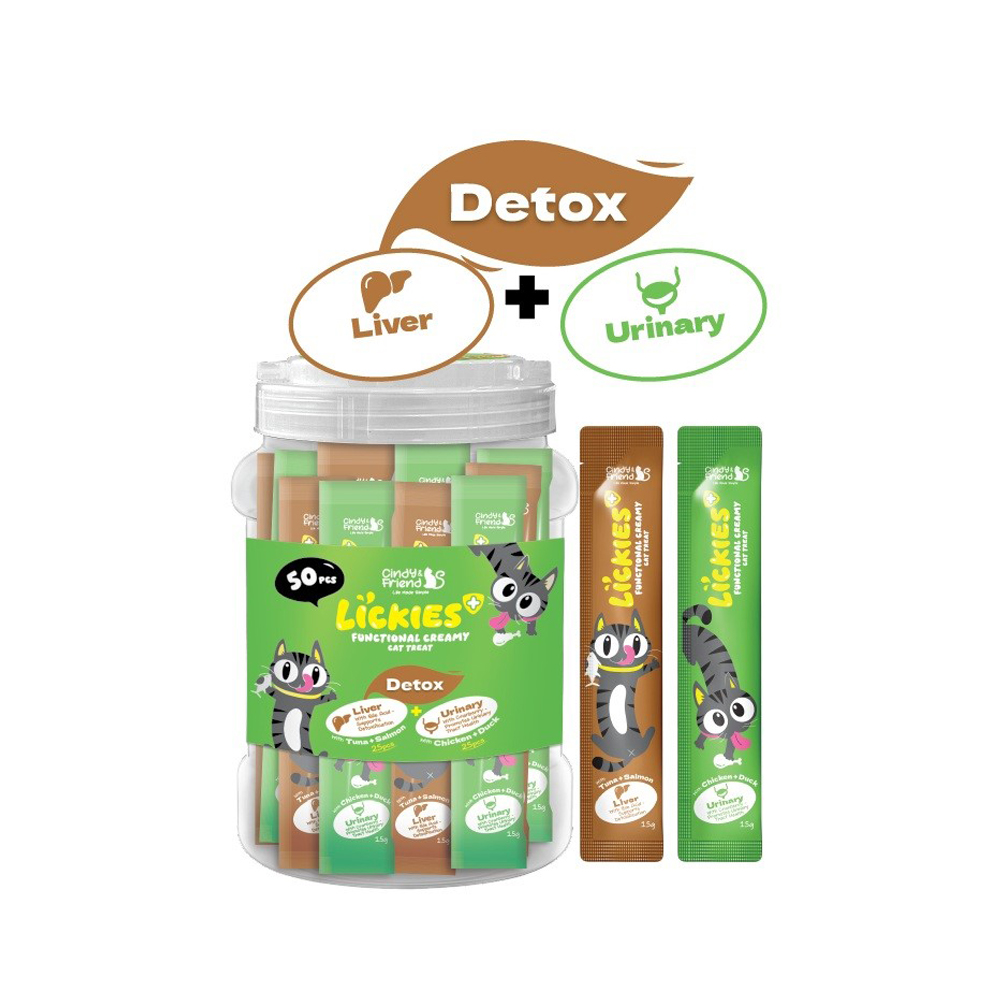 Cindy's and Friends 貓小食 功能性肉泥 無穀物舐舐脷 Detox系列 雞肉配鴨肉(泌尿系統)+吞拿魚配三文魚(肝臟護理) 15gx50 (桶裝)
