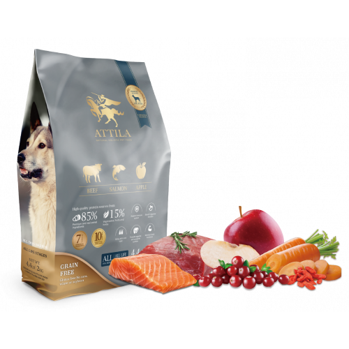 Attila 阿提拉 全犬糧 無榖物 黑牛+鮭魚+蘋果 2kg (灰)