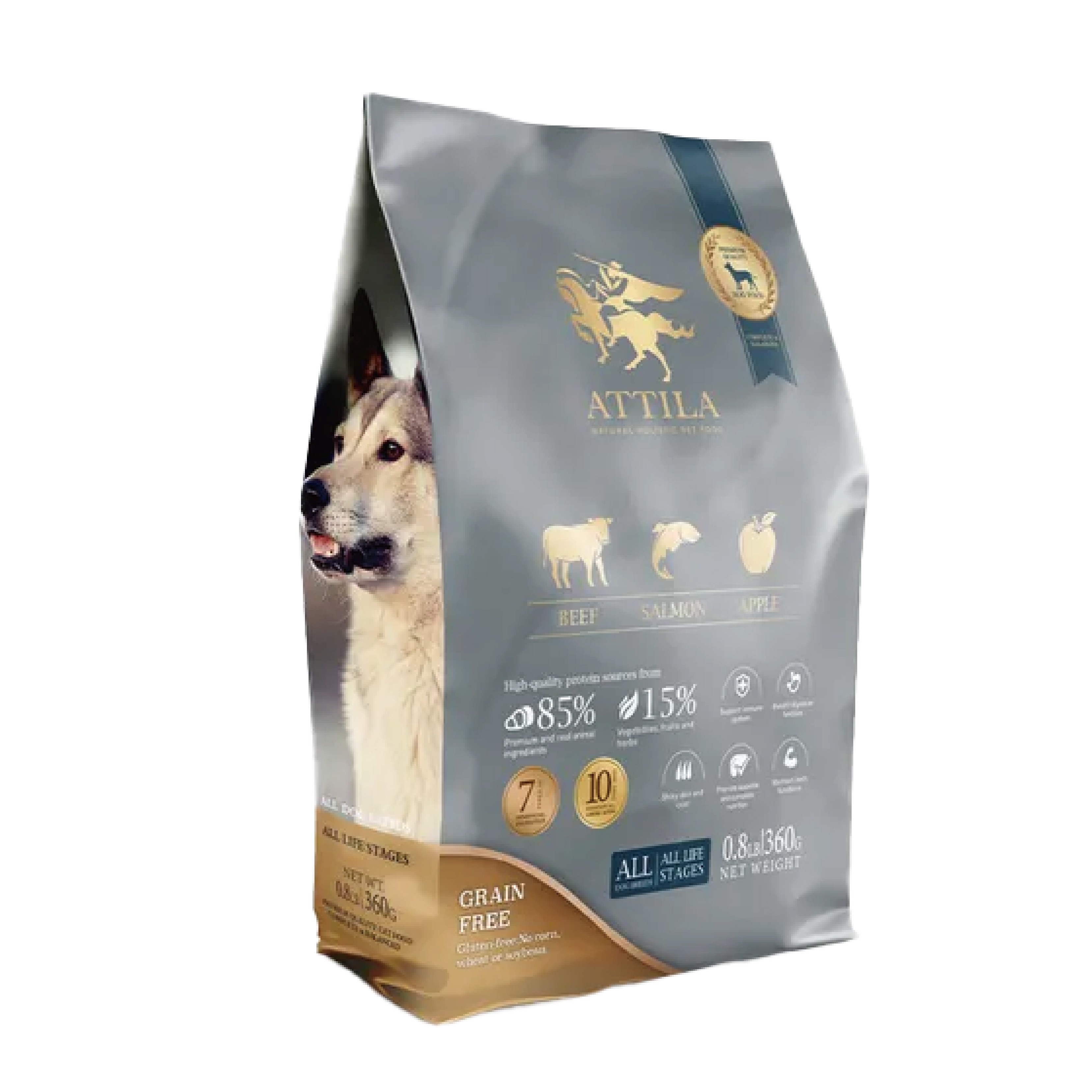 Attila 阿提拉 全犬糧 無榖物 黑牛+鮭魚+蘋果 2kg (灰)