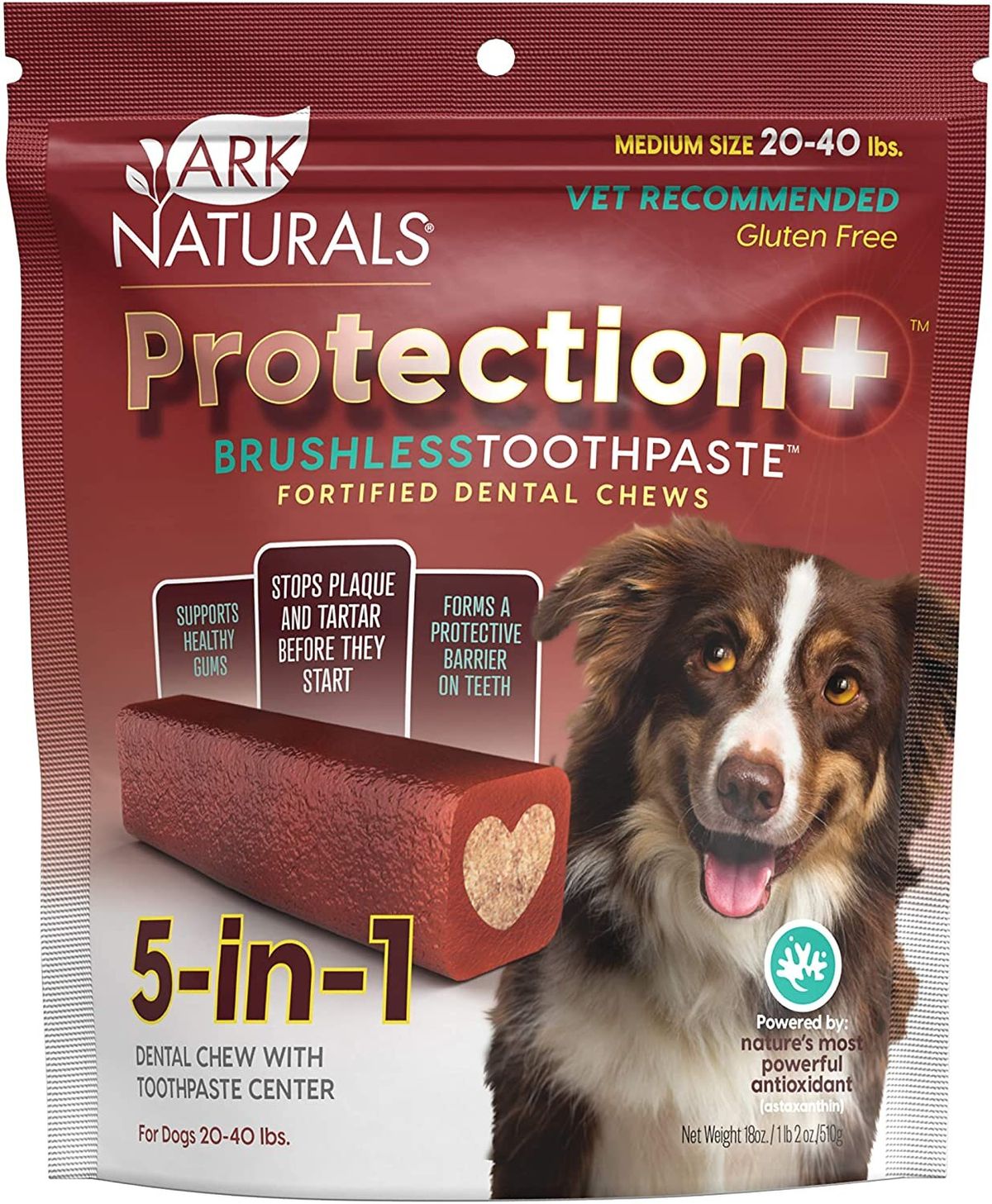 美國 ARK NATURALS 狗小食 Protection+亮白牙齒 5合1免刷牙膏潔齒棒 (Medium/20lb-40lb小型犬) 18oz