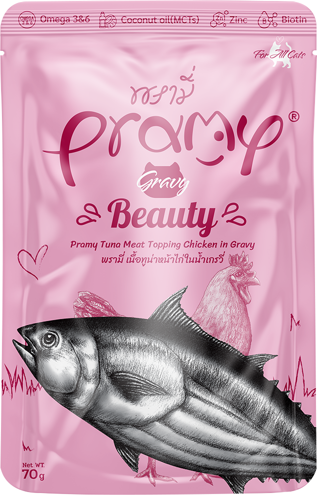 Pramy 貓濕糧包 無穀物肉汁 成貓 高級白肉吞拿魚+鮮嫩雞肉 亮麗毛髮配方 70g (粉紅)