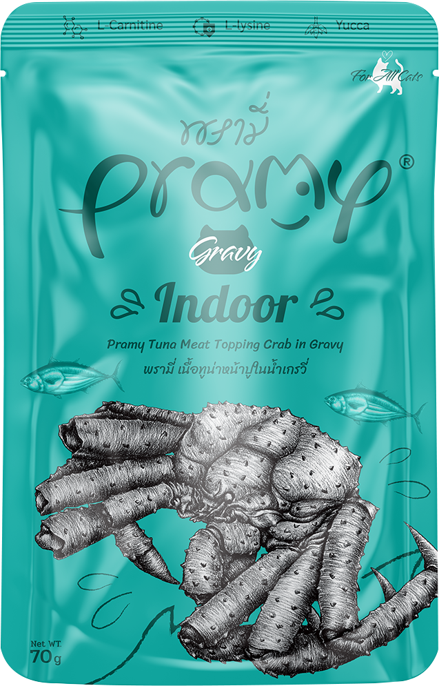 Pramy 貓濕糧包 無穀物肉汁 成貓 高級白肉吞拿魚+蟹肉 室內貓配方 70g (綠)