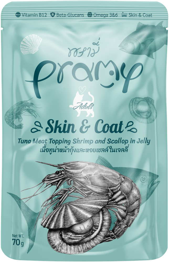 Pramy 貓濕糧包 無穀物啫喱 成貓 高級白肉吞拿魚+蝦肉+扇貝(健膚美毛配方) 70g (湖水綠)