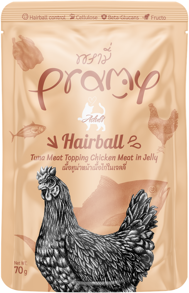 Pramy 貓濕糧包 無穀物啫喱 成貓 高級白肉吞拿魚+鮮嫩雞肉(去毛球配方) 70g (橙肉)