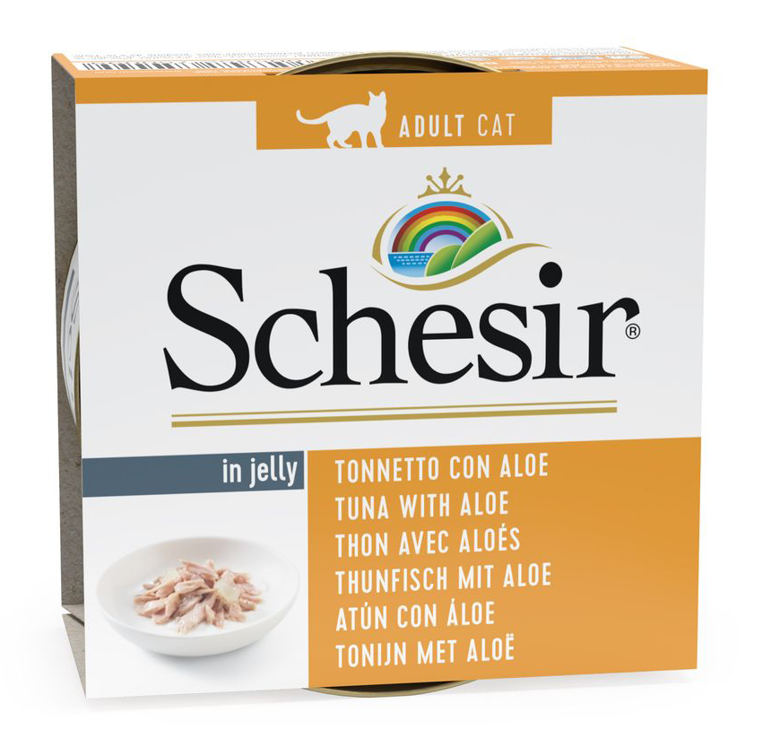 Schesir 貓罐頭(副食) 啫喱系列 全天然吞拿魚蘆薈飯(018) 85g (橙)(新舊包裝隨機發貨)