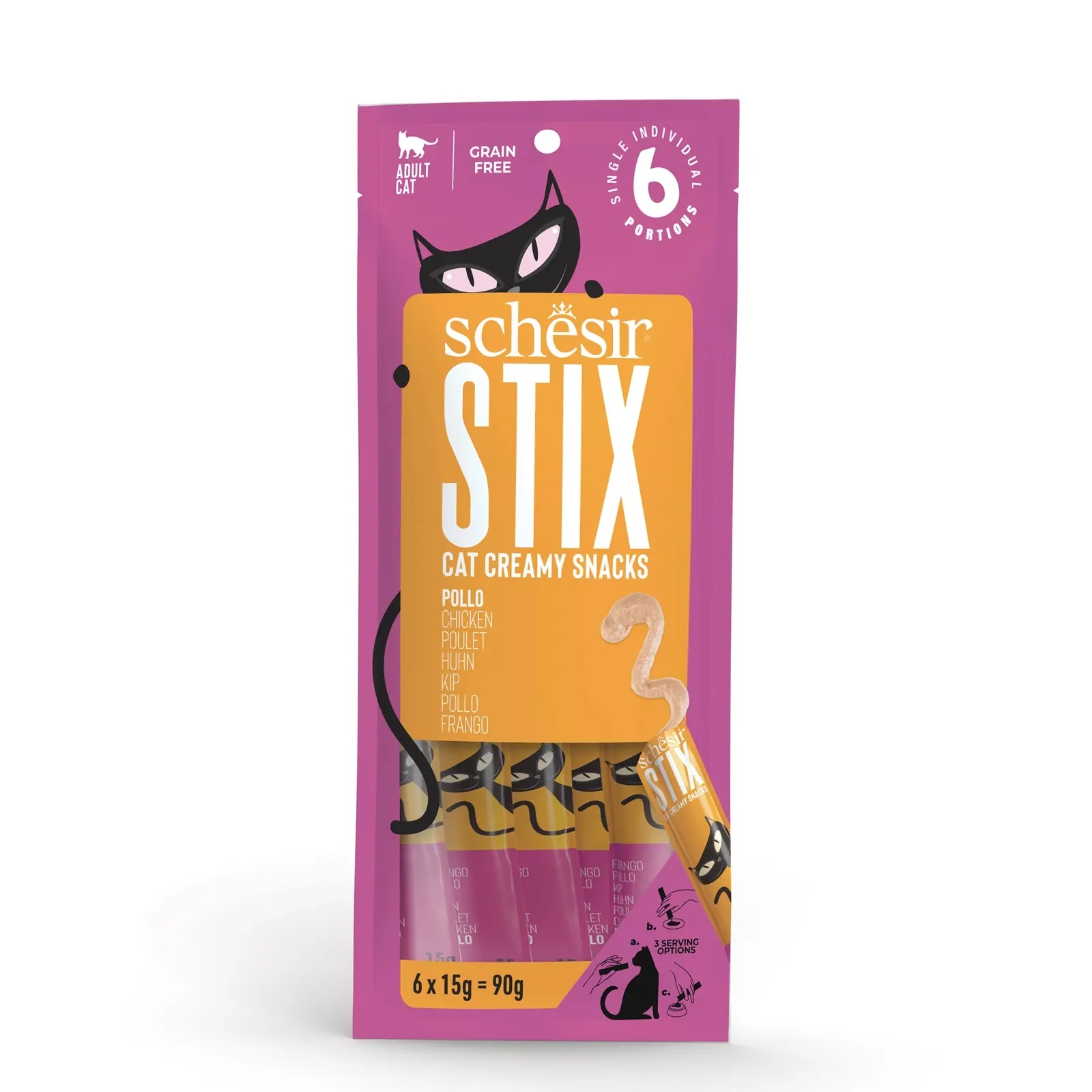 Schesir 貓小食 STIX系列 無穀物肉泥條 雞肉口味 6x15g (粉紅)