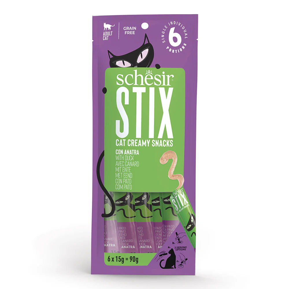 Schesir 貓小食 STIX系列 無穀物肉泥條 鴨肉口味 6x15g (紫)