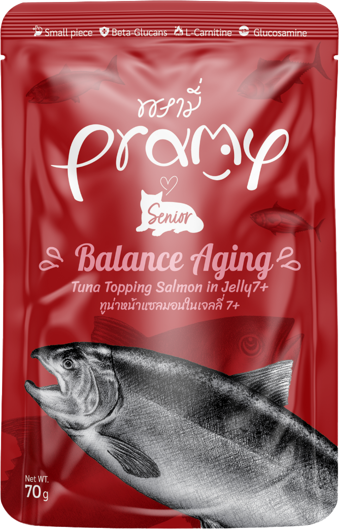 Pramy 貓濕糧包 無穀物啫喱 高齡貓7+ 高級白肉吞拿魚+三文魚(延緩老化配方) 70g (紅)