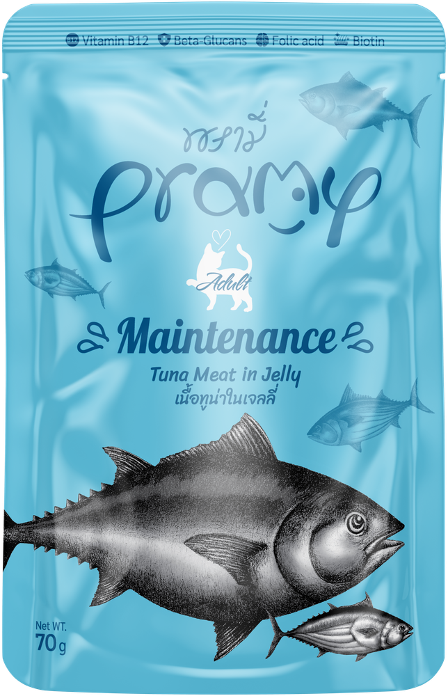 Pramy 貓濕糧包 無穀物啫喱 成貓 高級白肉吞拿魚(健康維護配方) 70g (藍)