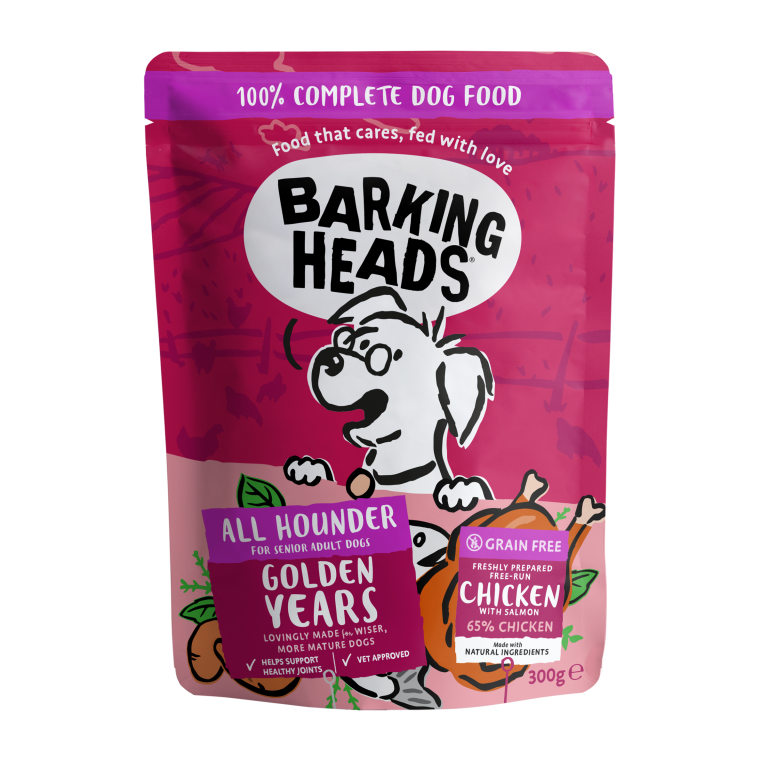 Barking Heads 狗濕糧包(主食) 無穀物 老犬 雞肉+三文魚 (深紅色) 300g