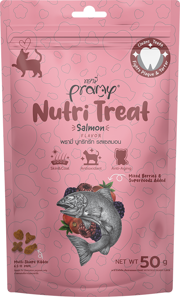 Pramy Nutri-Treat 貓小食 酥脆潔齒點心 雜莓+三文魚 50g (粉紅)
